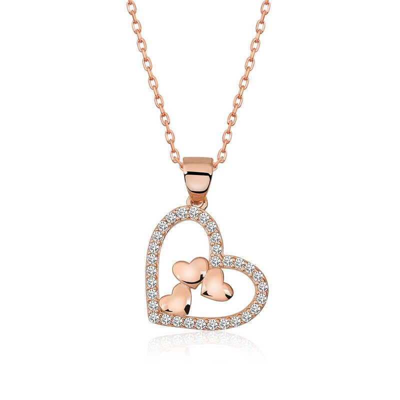 Collar de tres corazones con corazón de rosa de plata