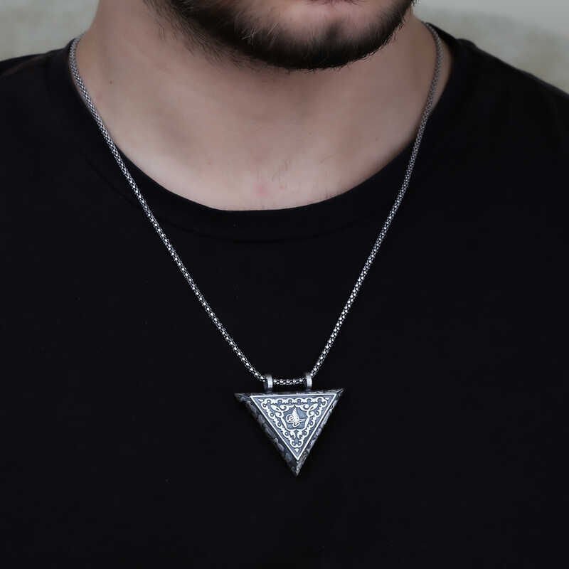 Silver Triangle Openable Tughra Amulet Necklace