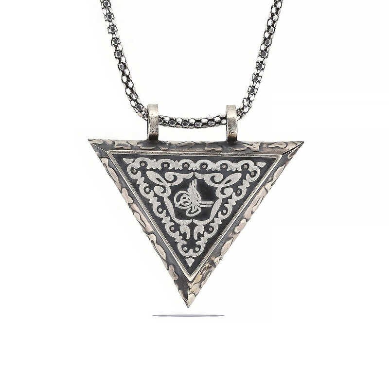 Silver Triangle Openable Tughra Amulet Necklace