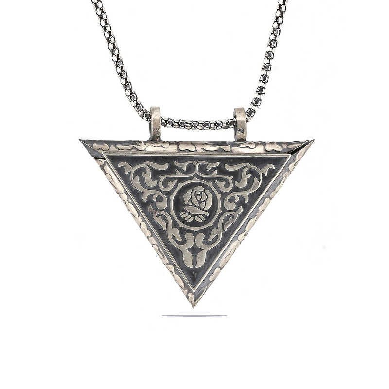 Silver Triangle Openable Rose Amulet Necklace