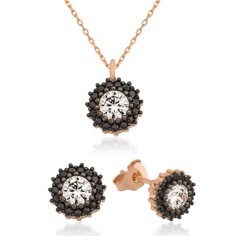 Conjunto de solitario de flor de plata para mujer