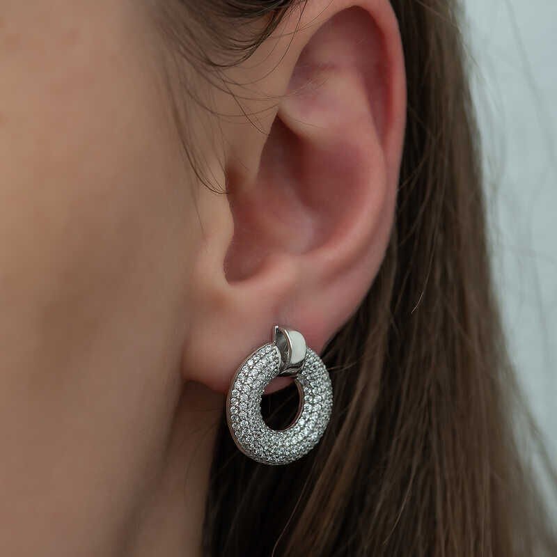 Gümüş Çok Taşlı Daire Bayan Küpe