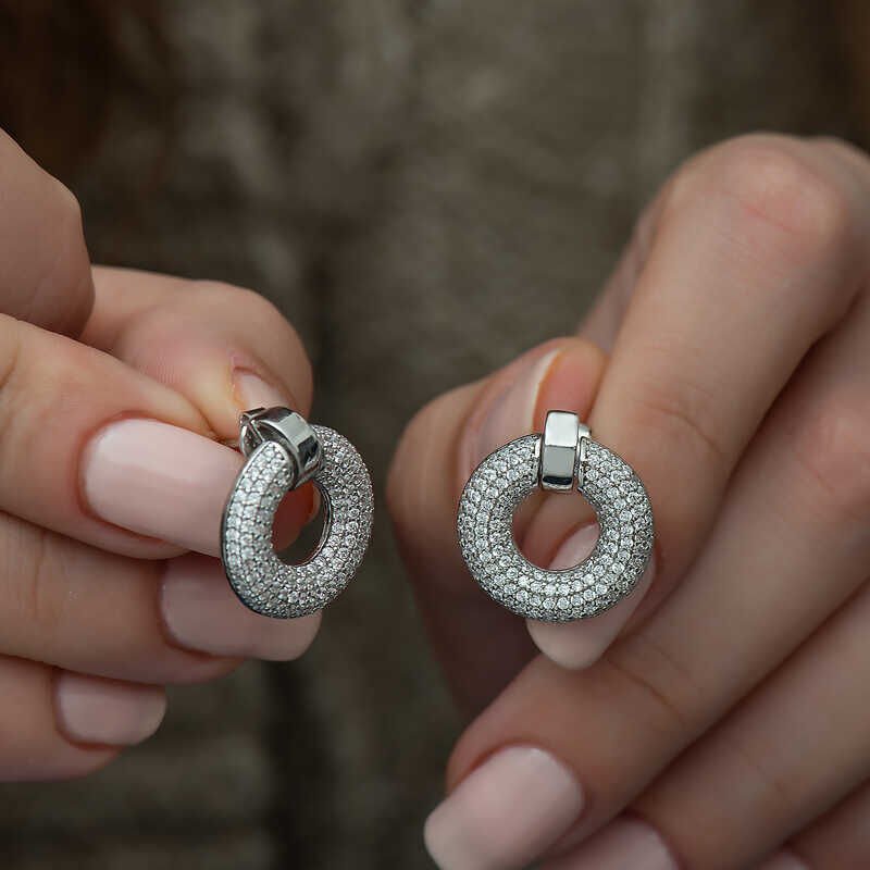 Gümüş Çok Taşlı Daire Bayan Küpe