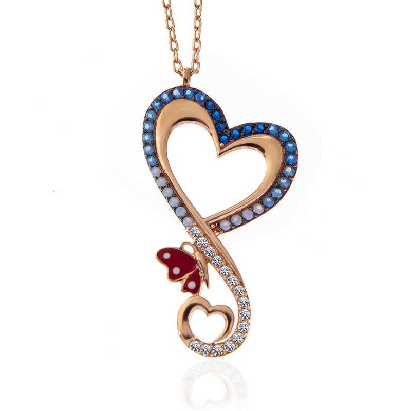 Collar de plata con corazón de rosa y mariposa para mujer