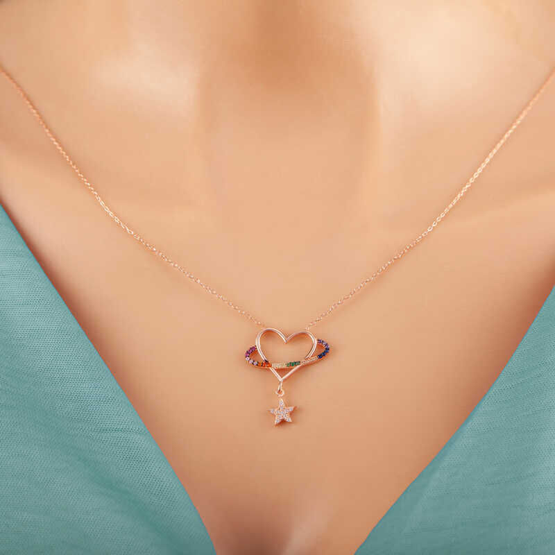 Collar de plata con corazón y estrella rosa para mujer