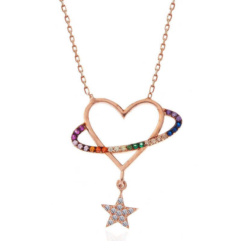 Collar de plata con corazón y estrella rosa para mujer