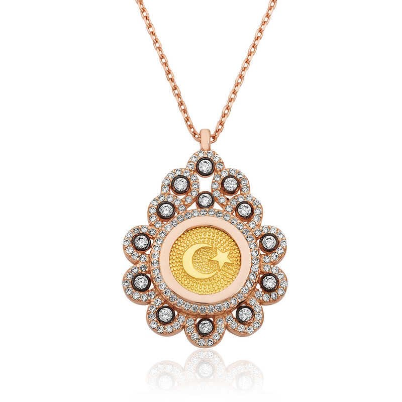 Silver Rose Drop Framed Crescent Star Women's Necklace