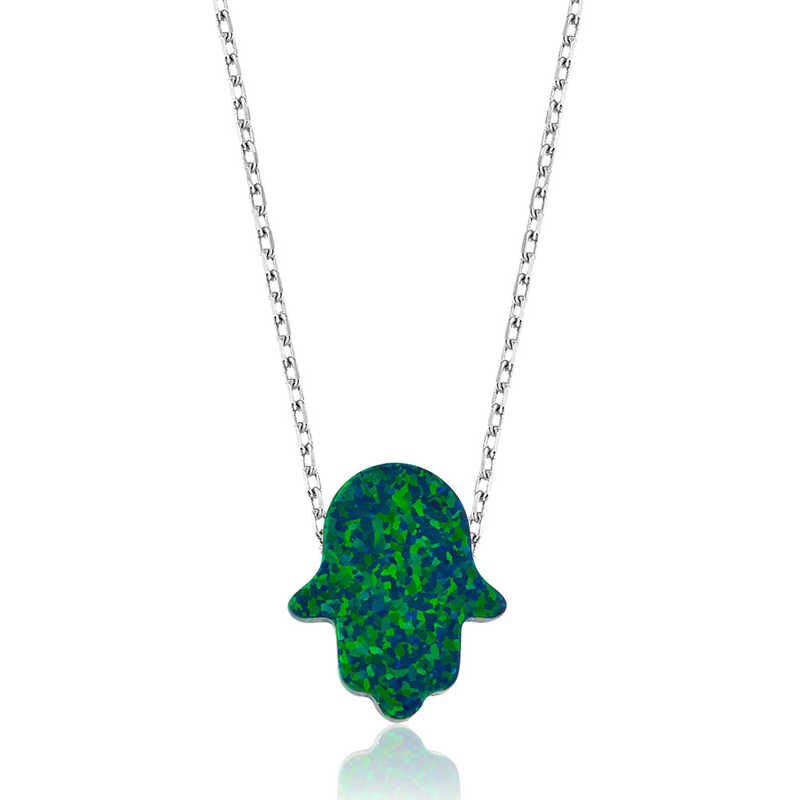 Collar de mano de Fátima con ópalo verde plateado para mujer