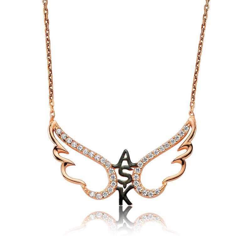 Collar de mujer con alas de ángel y rosa de plata con mensaje