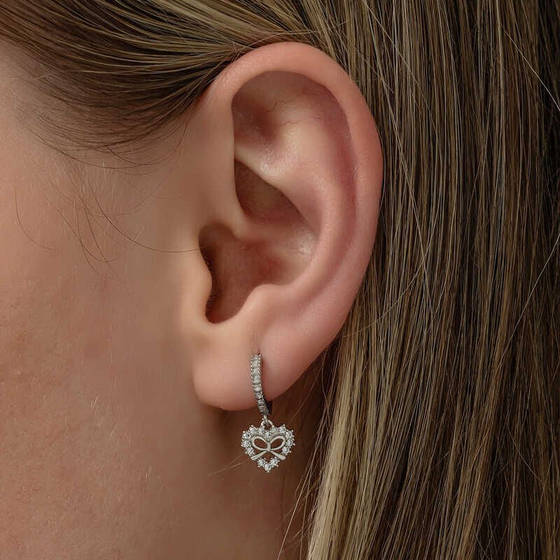 Silver Heart Ribbon Dangle Women's Earrings