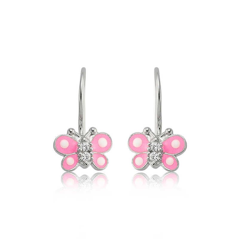 Pendientes colgantes de plata con mariposa rosa para niños