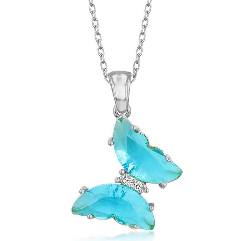 Collar de mariposa de cristal turquesa y plata para mujer