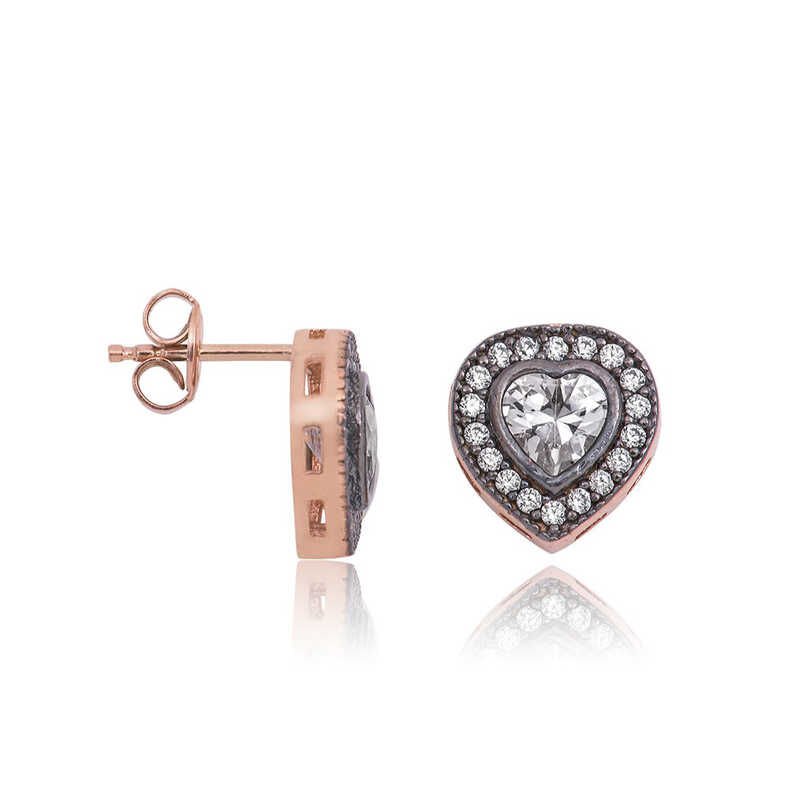 Pendientes de botón de corazón con diamantes engastados en plata