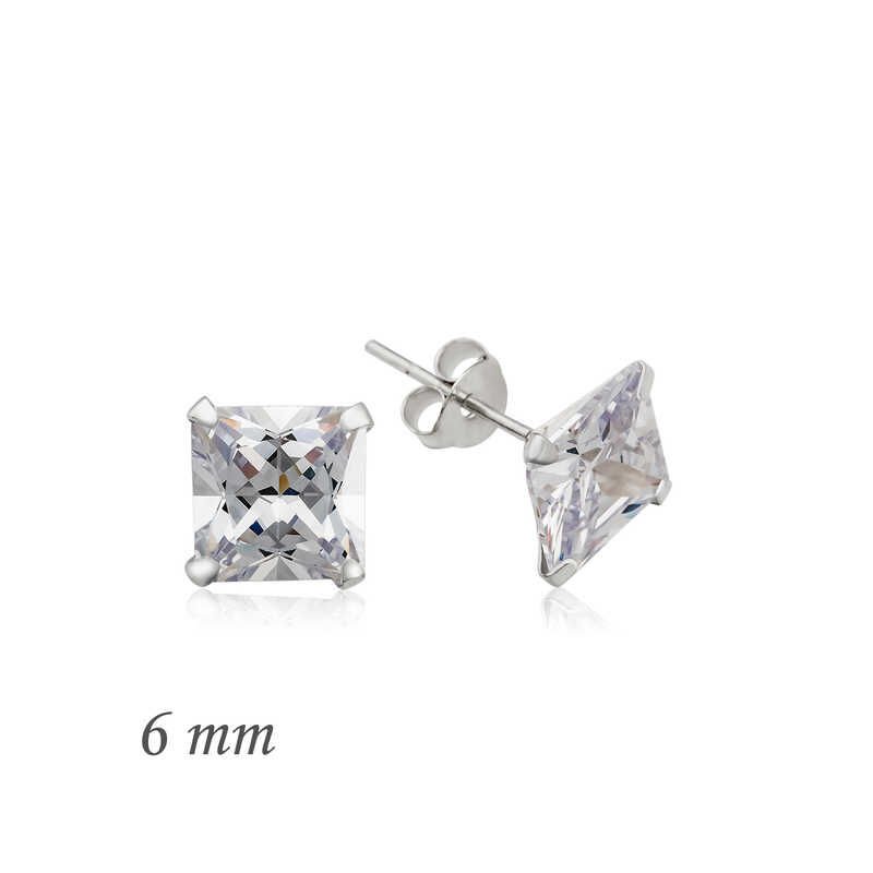 Silver Square Single Stone Zircon Earrings - 6 mm.