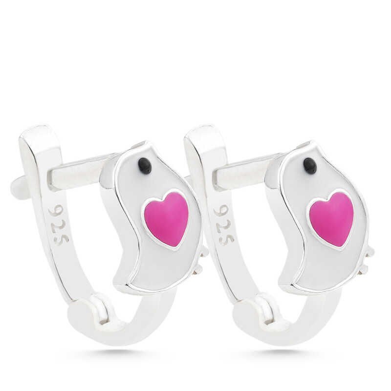 Pendientes infantiles de plata con forma de corazón y pájaro