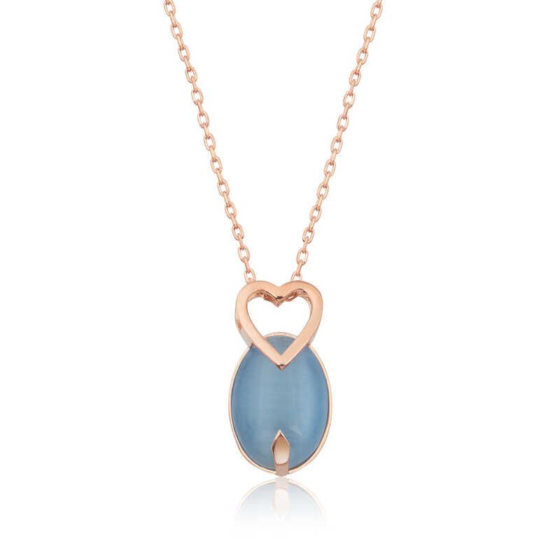 Collar de corazón con piedra de ojo de gato azul y rosa plateada