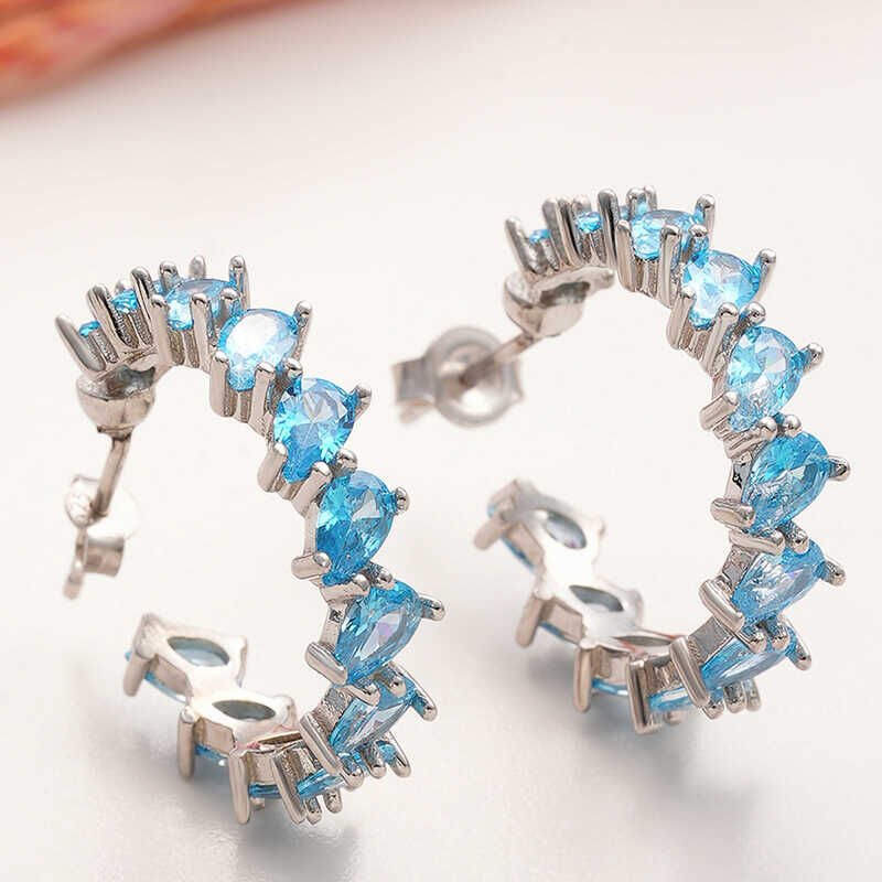 Silver Aquamarine Stone Drop Stud Women's Earrings