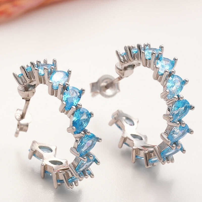 Silver Aquamarine Stone Drop Stud Women's Earrings