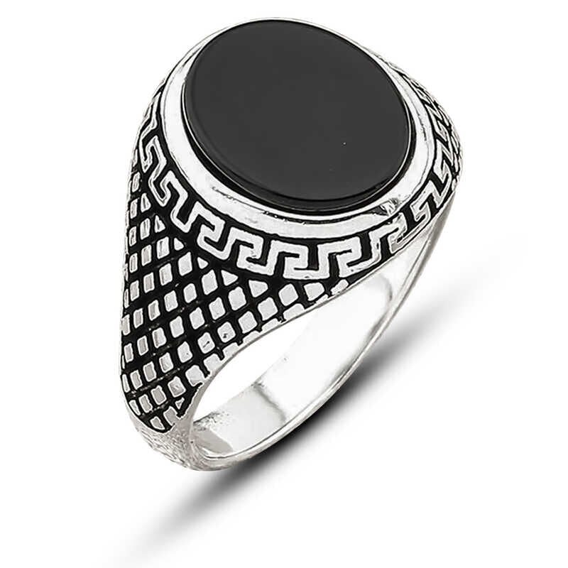 Silver Onyx Stone Patterned Men's Ring