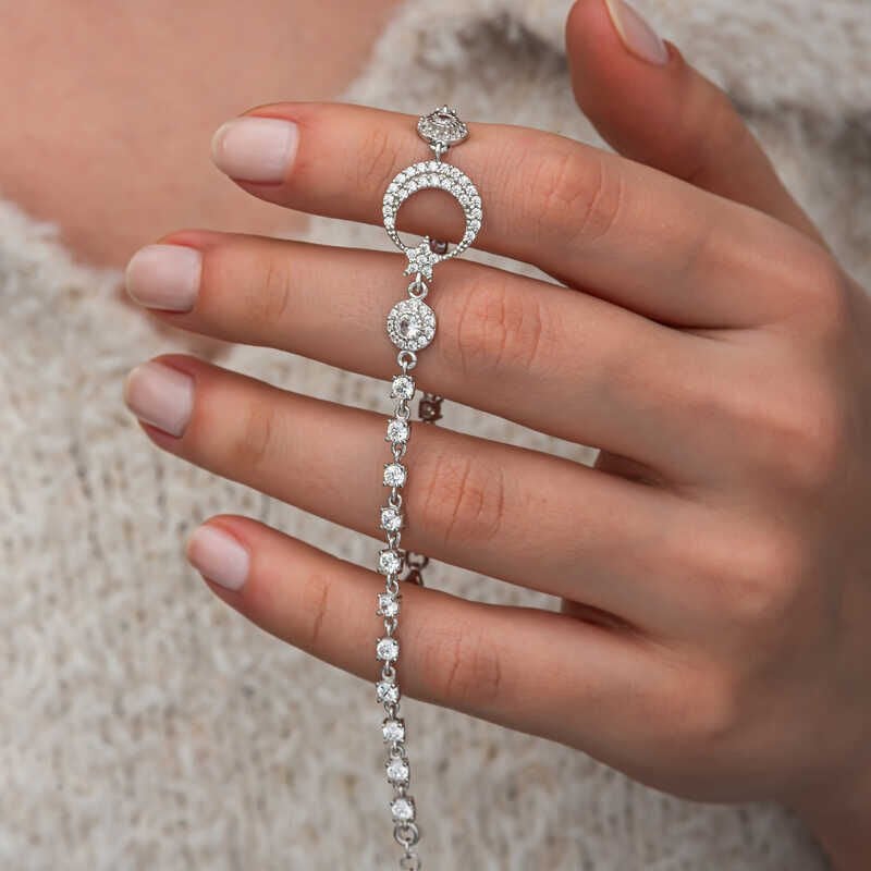 Gümüş Zirkon Taşlı Ay Yıldız Kadın Bileklik