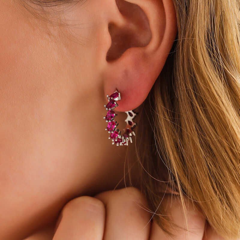 Silver Pink Stone Drop Stud Women's Earrings