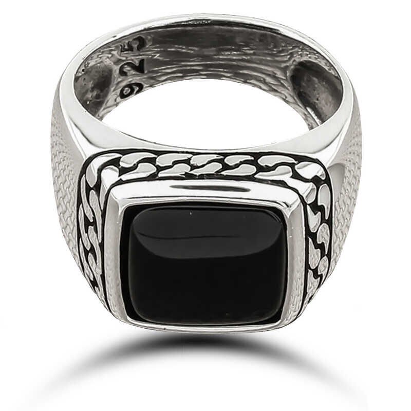 Silver Onyx Stone Patterned Men's Ring