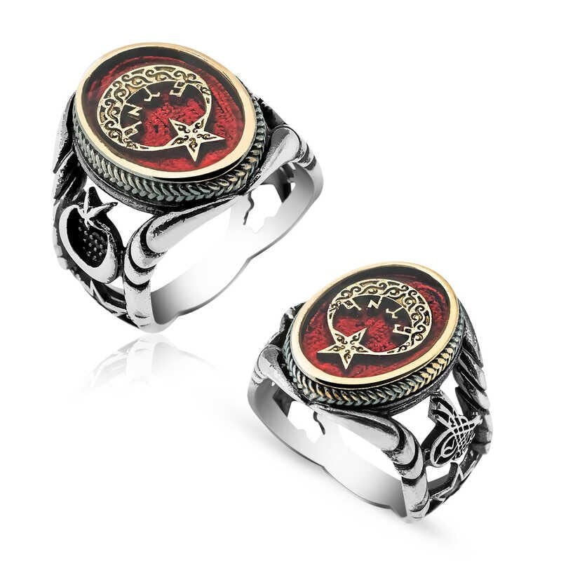 Gümüş Göktürkçe Türk Yazılı Ay Yıldız Erkek Yüzük