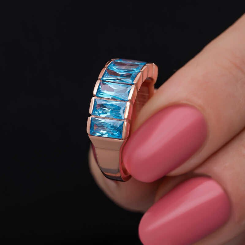 Silver Rose Baguette Aquamarine Stone Women's Ring