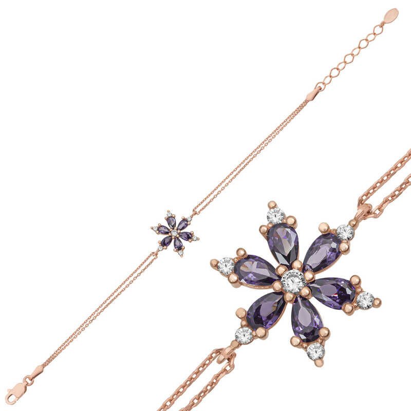 Pulsera de mujer con flor de loto morada y rosa plateada