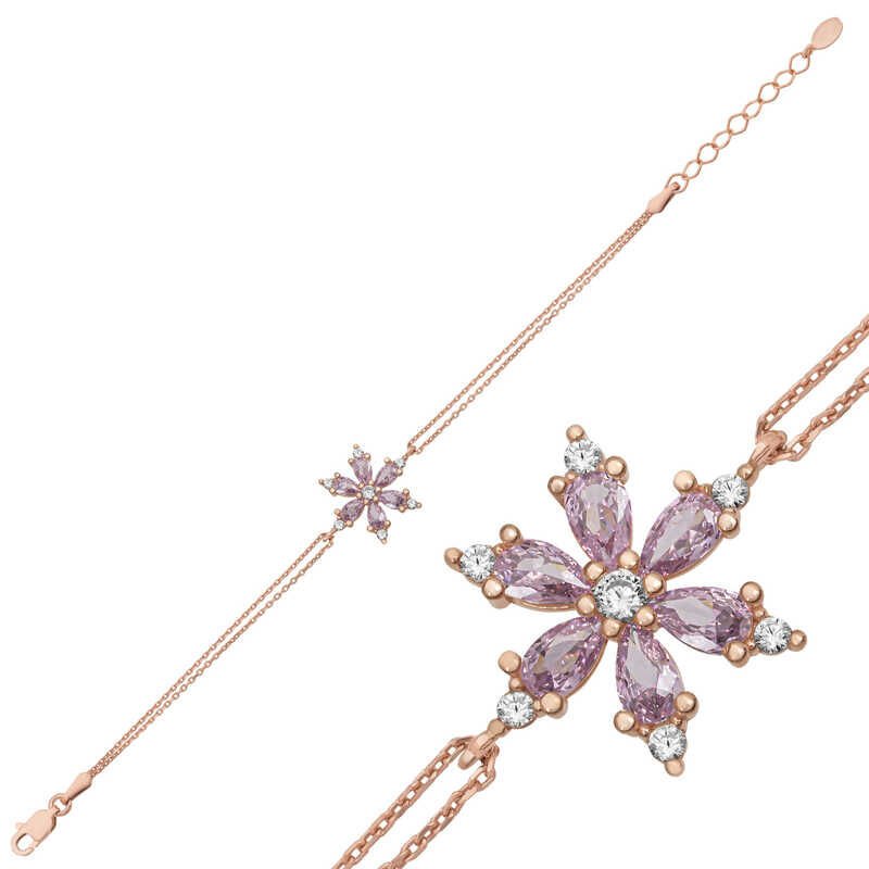 Pulsera de mujer con flor de loto lila y rosa plateada