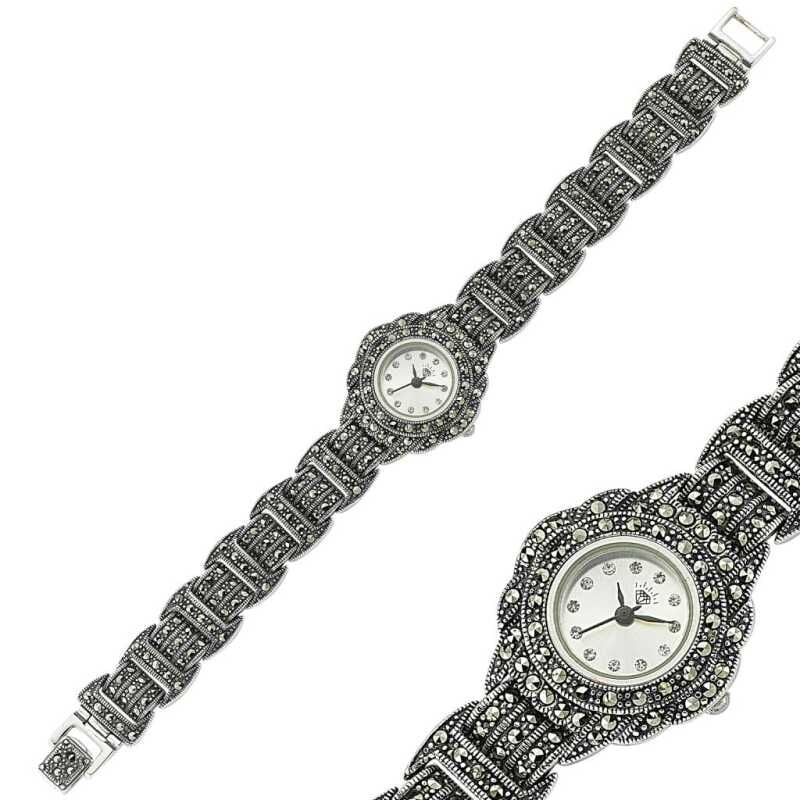 ساعة نسائية فضية مرصعة بحجر ماركاسيت