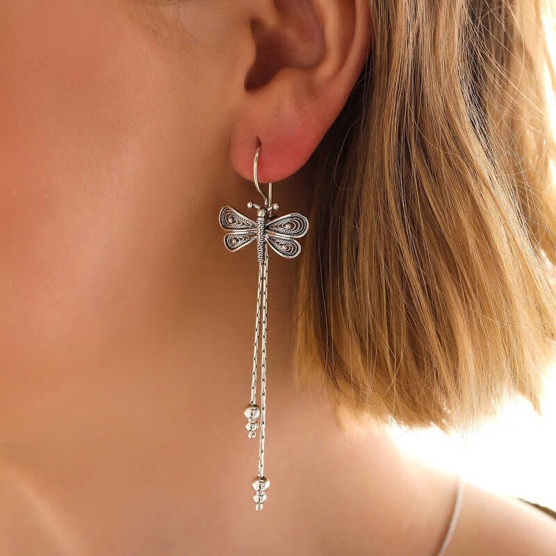 Silver Filigree Dangling Dragonfly Women's Earrings