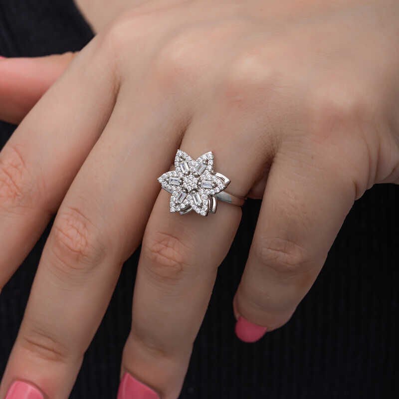Silver Adjustable Star Baguette Stone Rotating Stress Women's Ring