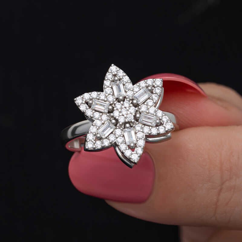 Silver Adjustable Star Baguette Stone Rotating Stress Women's Ring