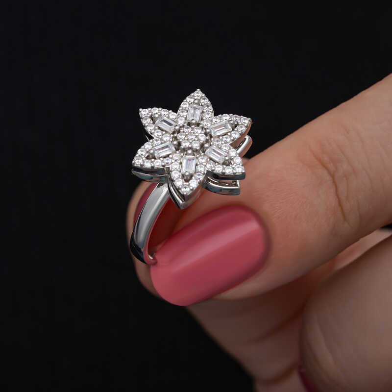 Silver Adjustable Star Baguette Stone Rotating Stress Women's Ring