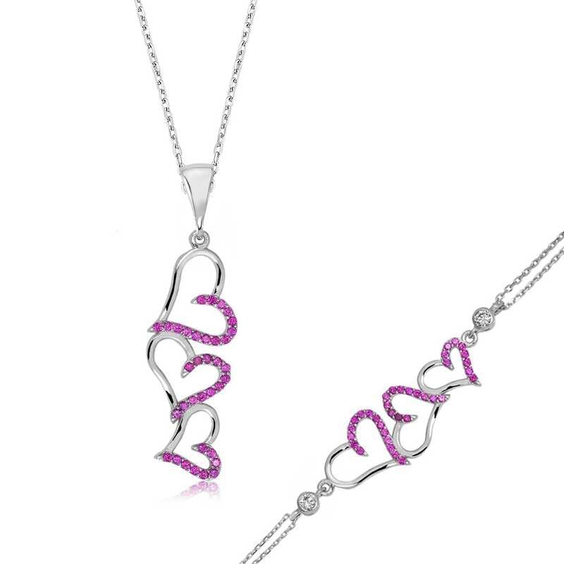Silver Pink Three Hearts Women's Set