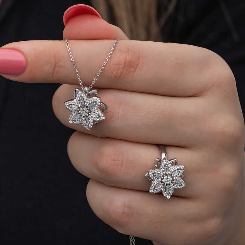 Conjunto de plata ajustable con forma de baguette y estrella para mujer