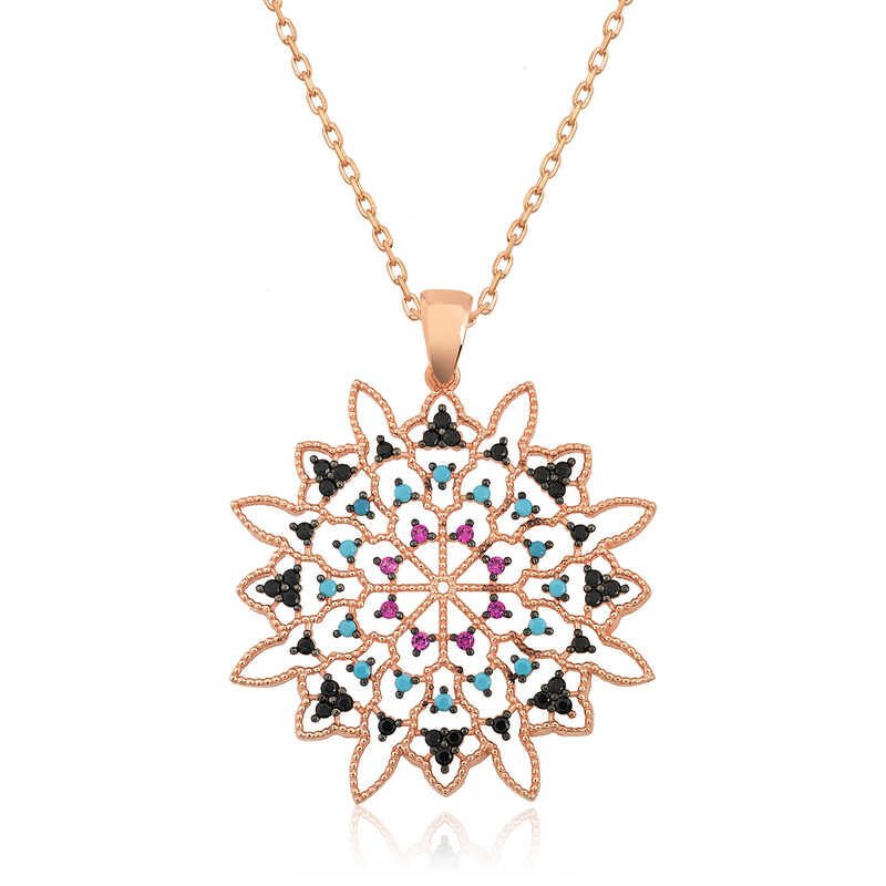 Silver Rose Geometric Patterned Medallion Necklace