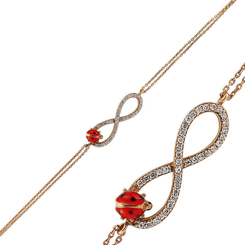 Pulsera de plata con diseño de mariquita y rosa infinita para mujer