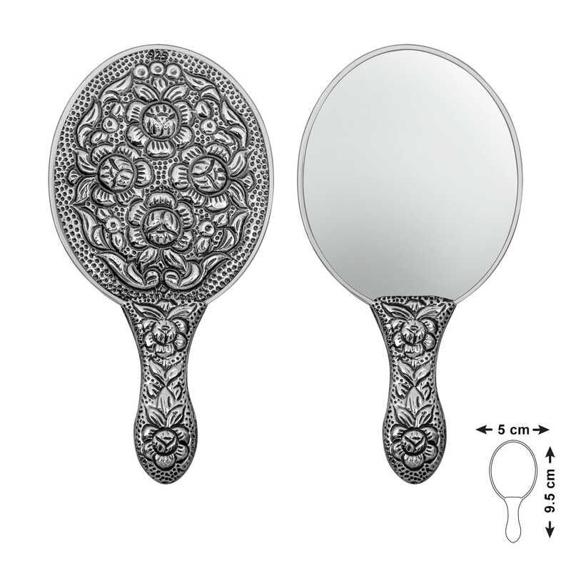 Silver Rose Patterned Hand Mirror