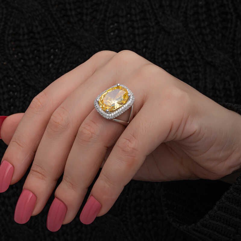 Silver Citrine Stone Square Women's Ring