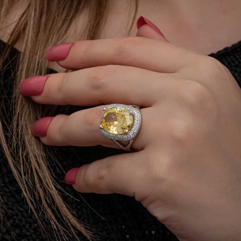 Silver Citrine Stone Square Women's Ring