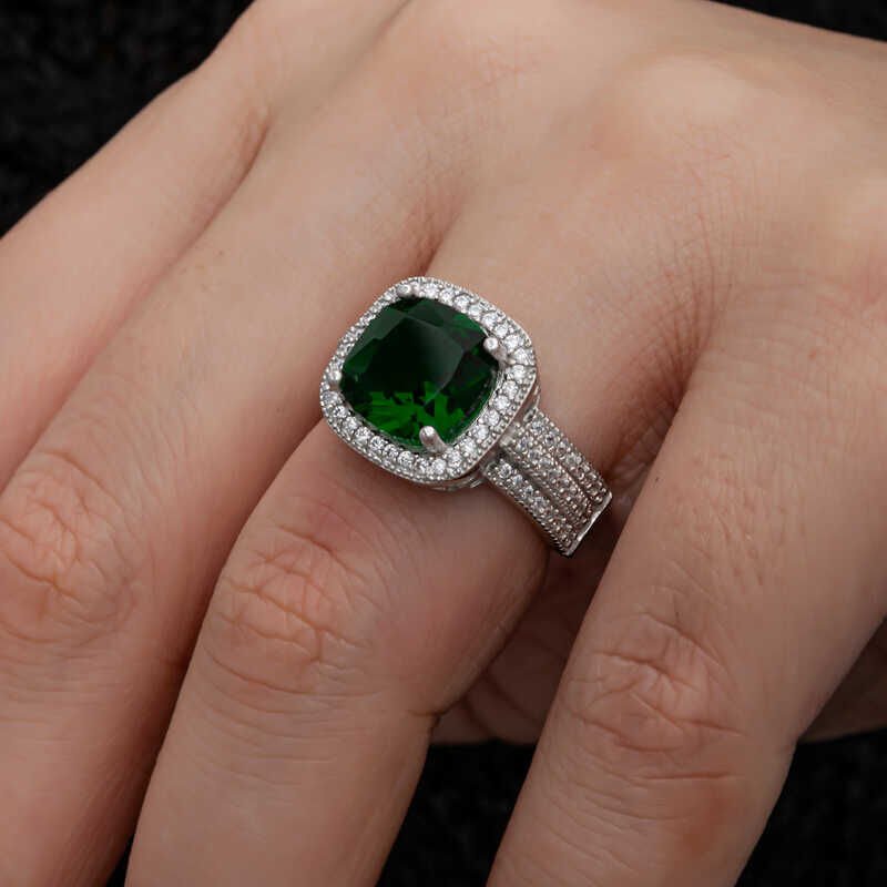 Silver Green Baguette Square Women's Ring
