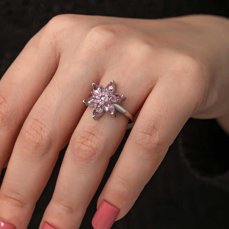 Silver Pink Lotus Flower Women's Ring