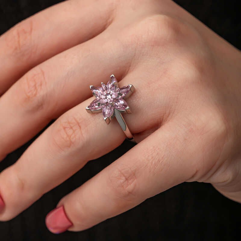 Silver Pink Lotus Flower Women's Ring
