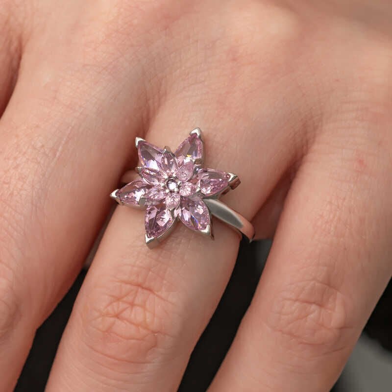 Silver Pink Lotus Flower Women's Ring