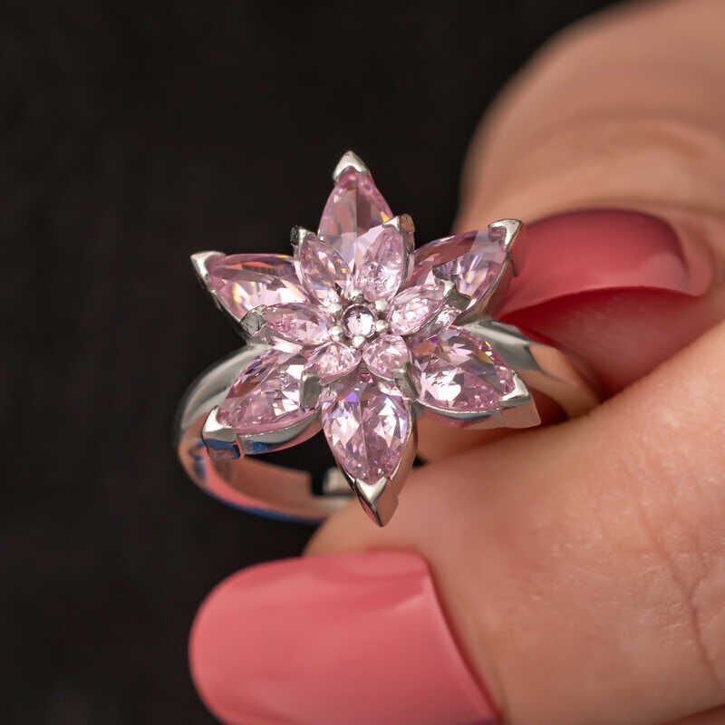 Silver Pink Lotus Flower Women's Ring