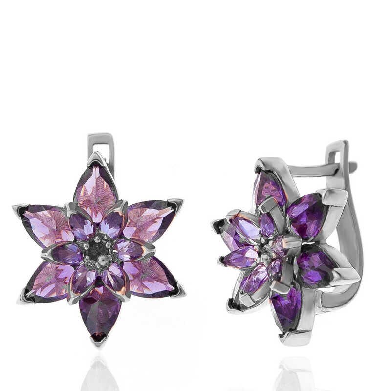 Silver Purple Lotus Flower Women's Earrings
