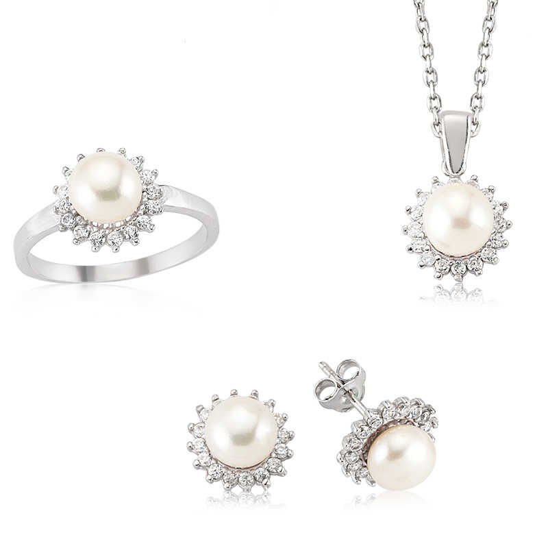 Silver Zircon Stone Pearl Women's Set