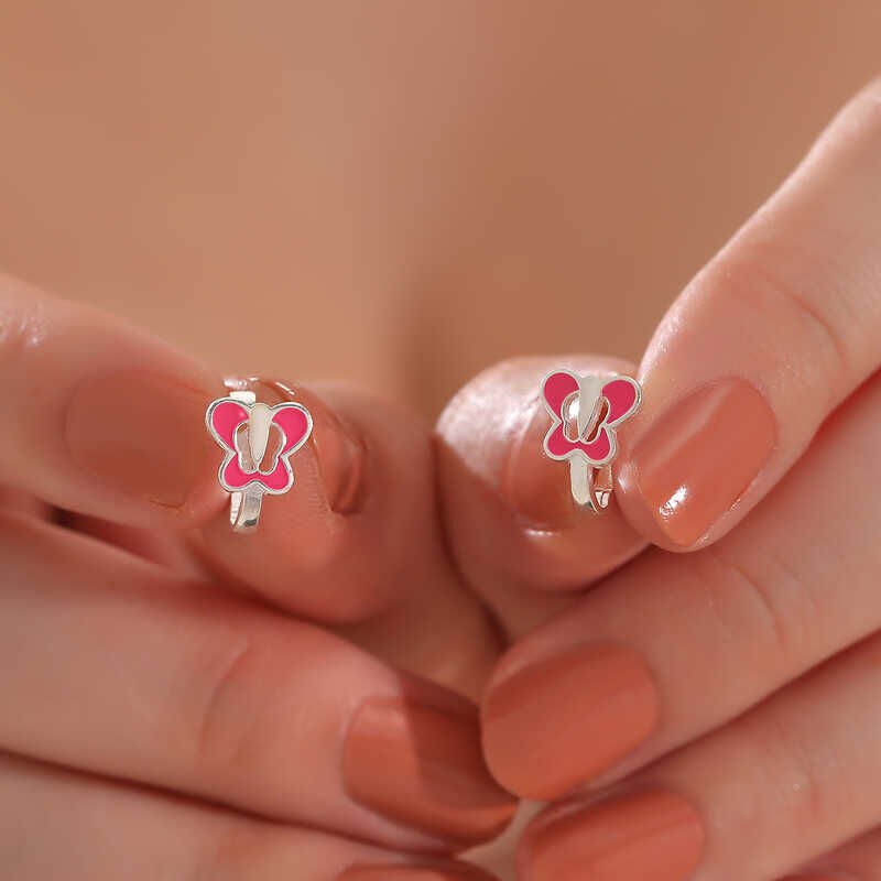 Silver Pink Butterfly Kids Earrings